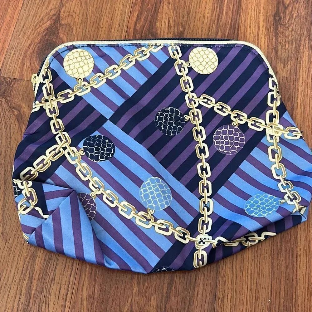 NEW Estee Lauder blue purple gold chain print cosmetic bag med